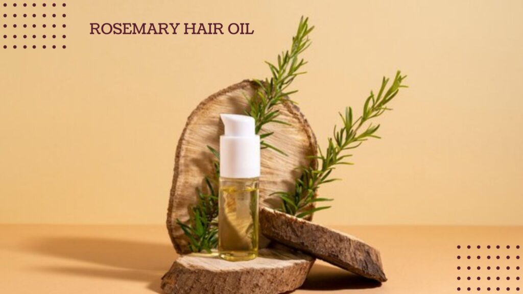 A bottle of rosemary hair oil is placed on wooden slices, with rosemary sprigs in the background